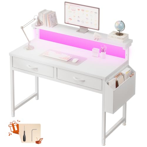 DurayLoly 31" Computer Desk with 2 Drawers & LED Lights,Space Saving,White | Home Office Desks with Side Pocket and Monitor Stand,Gaming Desk with Headphone Hook,Study Writing Table with Anti-Tip Design - color: White, size: 31.0 Inch