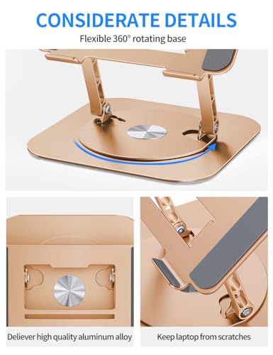 AOEVI Adjustable Laptop Stand with 360 Rotating Base, Computer Stand for Laptop Ergonimic Foldable Laptop Riser for Desk Compatible with MacBook Pro/Air Notebook up to 16 Inches, Gold - color: Gold