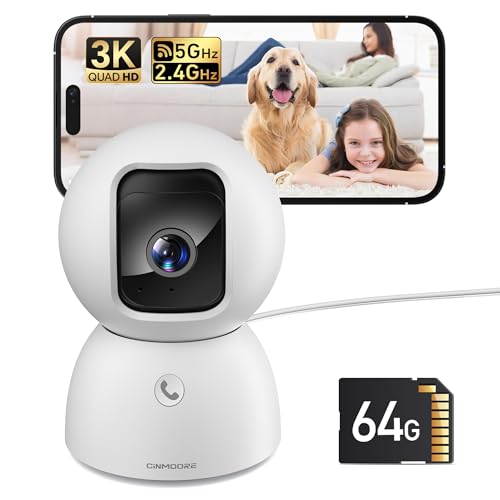5MP Camera for Home Security, Free 64GB SD Card, Non-Subscription AI Human/Pet/Facial Detection, 3K Dog Cat Pet Camera with Phone APP, 360 Coverage, 2-Way Talk, IR Night Vision, 2.4G 5G Dual Band WiFi - style: 3K Camera with 64GB Card