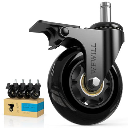 WEWILL Office Chair Wheels - Rubber Casters Replacement Universal Fit 98% Chair(Set of 5) Heavy Duty 3 Inch Smoothly & Quietly Safe for All Floor, Hardwood, Tile, Carpet, Noise Free - Glossy Black - color: Glossy Black