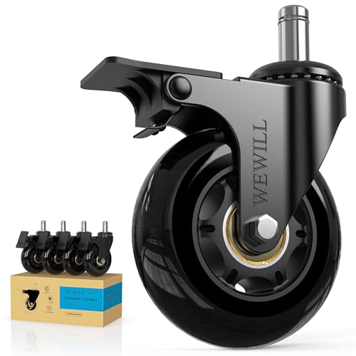 WEWILL Office Chair Wheels - Rubber Casters Replacement Universal Fit 98% Chair(Set of 5) Heavy Duty 3 Inch Smoothly & Quietly Safe for All Floor, Hardwood, Tile, Carpet, Noise Free - Glossy Black - color: Glossy Black