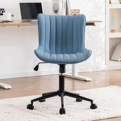 YOUNIKE Office Desk Chair with Wheels Armless Vanity Chair Modern Blue | Faux Leather Upholstered with Rocking Back, Swivel Height Adjustable Small Cute Computer Rolling Task Chair Ergonomic 300lb - color: Blue, size: Base Black