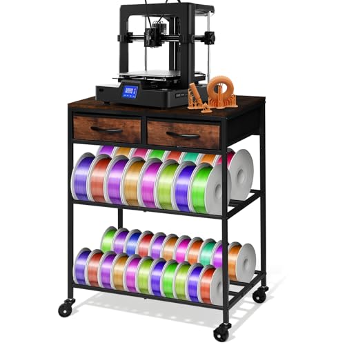 3D Printer Filament Storage Shelf with Drawers& Wheels, Heavy Duty 2-Tier 3D Printer Filament Metal Stand with Storage, Adjustable Filaments Organzied Rack for Workshop Studio Office, 4 Leveling Feet - color: Rustic Brown + Black