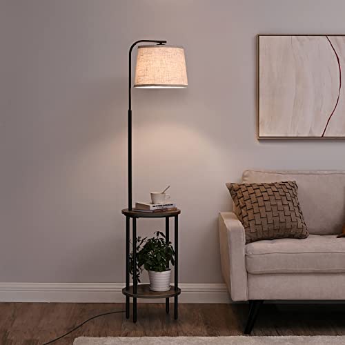 DEWENWILS Floor Lamp with Table, Wooden Nightstand, Farmhouse | Linen Lampshade, 13.18", ON/OFF Foot Switch, 2-in-1 Design, Sturdy Shelf for Living Room, Bedroom, Office Decor