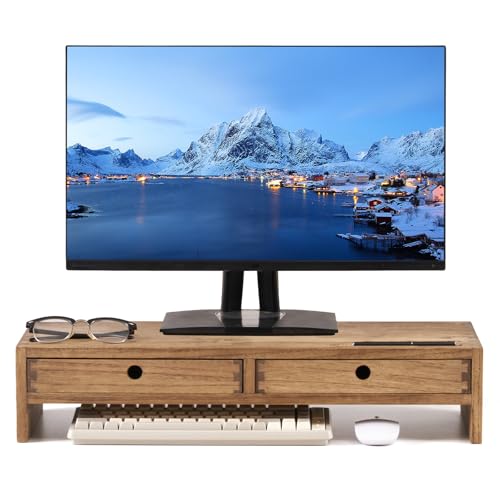 KIRIGEN Solid Wood Monitor Stand with 2 Drawers, Desk Riser, Brown PMJ-DBR