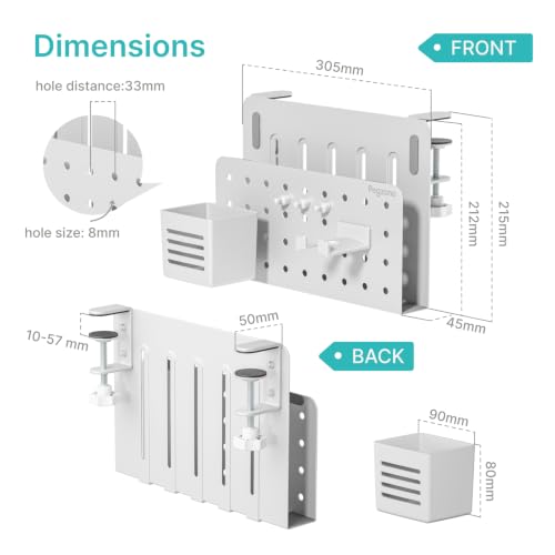PEGZONE Desk Side Storage Organizer, Fits Flat Edge 0.4" to 2.2", White | No Drill Under Desk Laptop Holder, Clamp on Desks Shelf with Pegboard Accessories, Hanging Laptop Mount - color: White