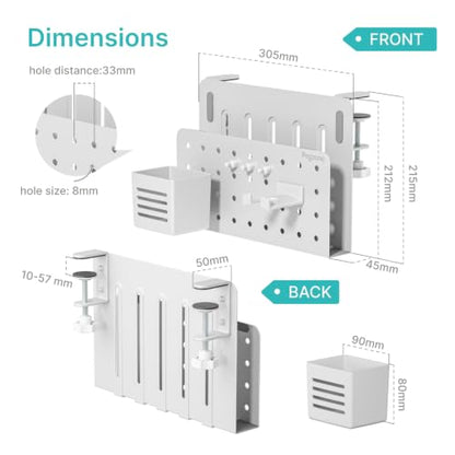 PEGZONE Desk Side Storage Organizer, Fits Flat Edge 0.4" to 2.2", White | No Drill Under Desk Laptop Holder, Clamp on Desks Shelf with Pegboard Accessories, Hanging Laptop Mount - color: White