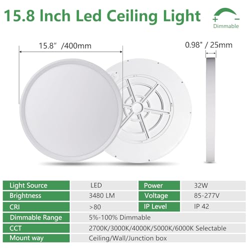 2PK 15.8Inch Dimmable White LED Flush Mount Ceiling Light,32W,3480LM,5CCT | 2700K/3000K/4000K/5000K/6000K CCT, White Close to Ceiling Round Flat Panel Light, Super Slim LED Ceiling Light for Bedroom - color: Dimmable - White, size: 2PK