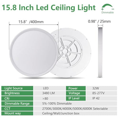 2PK 15.8Inch Dimmable White LED Flush Mount Ceiling Light,32W,3480LM,5CCT | 2700K/3000K/4000K/5000K/6000K CCT, White Close to Ceiling Round Flat Panel Light, Super Slim LED Ceiling Light for Bedroom - color: Dimmable - White, size: 2PK