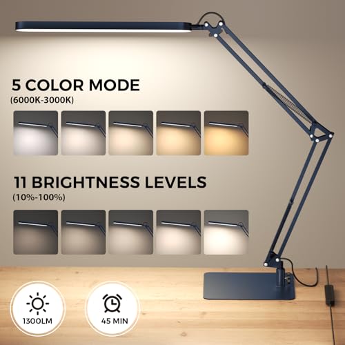 SKYLEO LED Desk Lamp with Slim Base - Adjustable Swing Arm Desk Light, Dimmable, Timer, Eye Protection, Memory Function, 1300LM, 12W, Blue - style: Blue swing arm with Base