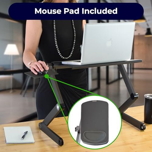 WorkEZ Cooling Adjustable Laptop Stand for Desk w/Fan USB Ports Mouse Pad Ergonomic Foldable Laptop Stand Riser Portable Computer Holder, Black | WorkEZ Cool laptop stand for desk, with adjustable height, tilt and a removable mouse pad. Also works in bed
