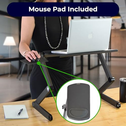 WorkEZ Cooling Adjustable Laptop Stand for Desk w/Fan USB Ports Mouse Pad Ergonomic Foldable Laptop Stand Riser Portable Computer Holder, Black | WorkEZ Cool laptop stand for desk, with adjustable height, tilt and a removable mouse pad. Also works in bed