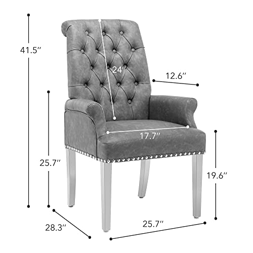 LOULENS PU Leather Dining Chairs Set of 2, Dining Chairs with Arms, Grey | Upholstered, High Back, Tufted, Luxurious, Stainless Steel Leg, for Kitchen & Dining Room - color: Pu, size: 2 PCS