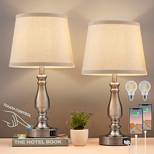 EJIAXIN Lamps for Bedrooms Set of 2, Brushed Nickel Bedside Lamps with USB C+A Ports,Dimmable Nightstand Lamps with Fabric Lampshade, Touch Table Lamp for Living Room Bedroom Office, Bulbs Included - color: Brushed Nickel Base and Light oat color