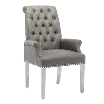 PU Leather Dining Chairs with Arms, Upholstered Dining Room Chairs, Grey | Upholstered, High Back, Tufted, Luxurious, Stainless Steel Leg, for Kitchen & Dining Room - color: Pu, size: 1 PCS