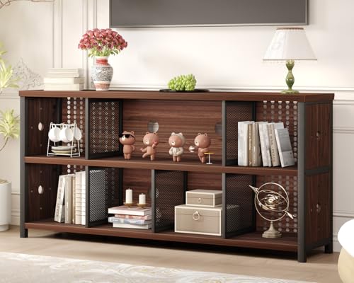 LVB Wood Horizontal Bookshelf, Industrial Bookcase with Storage, Walnut 63" | Modern Long Cube Shelf Organizer, Large Wide Low Metal Book Shelf, Under Window Bookshelves for Office Bedroom Living Room - color: Walnut