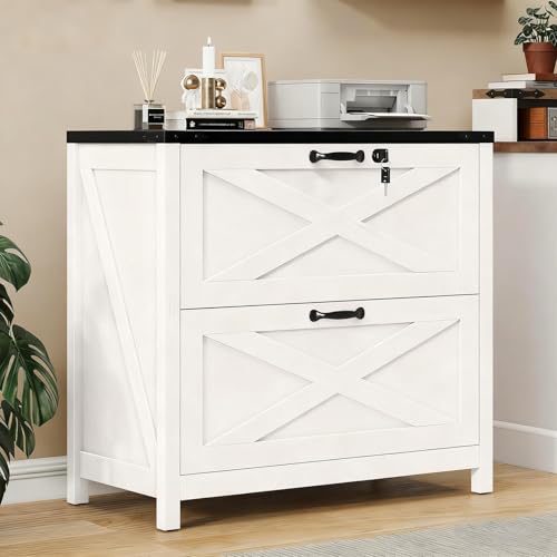Befrases Farmhouse File Cabinet, Lateral Filing Cabinet with 2 Drawers with Lock for Letter/A4 Size Hanging Files, Large Wooden Printer Stand File Storage Cabinet for Home Office, White and Black - color: White and Black, size: 15.75"D x 31.5"W x 27.56"H