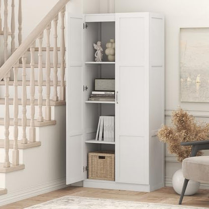 Furinno Robin Storage Cabinet, 4-Tier Pantry Cabinet with Adjustable Shelves, 30W with 2 Shaker-Doors, Kitchen Cabinet, Organization and Storage, for Pantry, Living Room, Home Office, White - size: Shaker Doors, 4-Tier