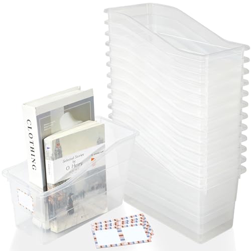 gisgfim 12 Pack Large Book Bins with Labels (Clear) | Durable Plastic,Stackable Magazine Organizer,Storage Bins for Classroom,Library,Office,Bookshelf Categorization - color: Clear