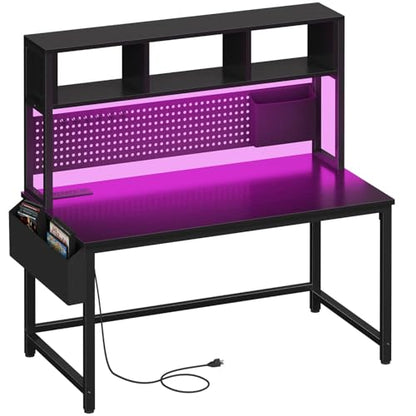 DLisiting Black Gaming Desk with Hutch and Pegboard - 47 Inch Gaming Desk with Shelves Storage Power Outlets, Computer Teen Work Study Writing Desks for Bedroom Home Office - color: Black