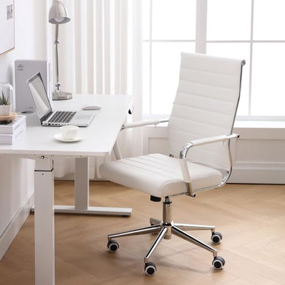 Home Office Chair Ribbed, Modern Leather Conference Room Chairs, Ergonomic Office Desk Chair, High Back Executive Computer Chair, Adjustable Swivel Chair with Arms (White) - color: Pure White