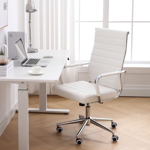 Home Office Chair Ribbed, Modern Leather Conference Room Chairs, Ergonomic Office Desk Chair, High Back Executive Computer Chair, Adjustable Swivel Chair with Arms (White) - color: Pure White