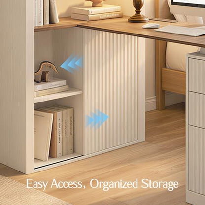 NORTHSKY 61" L Shaped Desk with Arched Hutch, White Corner Computer Desk with Power Outlets, 3 Drawers, File Cabinet and Sliding Door Storage for Home Office