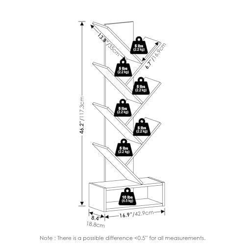 Furinno Tree Book Shelf, 7-Tier Bookshelf, Tree Bookcase with Bottom Shelf, 8.4 x 16.9 x 46.2, for Living Room, Bedroom, Home Office, White - color: White, size: 7-Tier Tree with Bottom Shelf