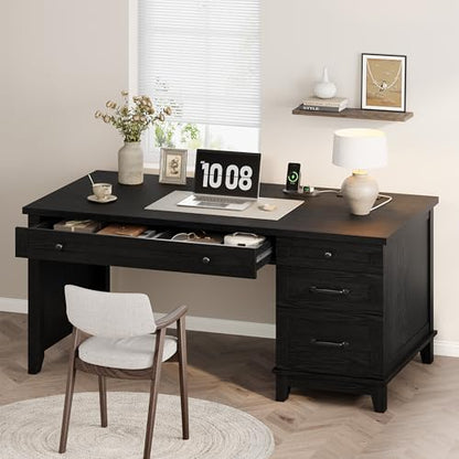 53.5" Farmhouse Home Office Desk with File Cabinet, Wooden Executive Desk with Power Outlet, Work Desk with Drawers, Traditional Wood Desk for Home and Office, Black - color: Black