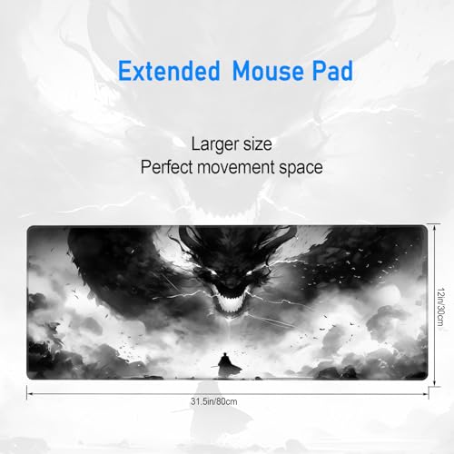 Large Gaming Mouse Pad,Black and White Anime Desk Mat,31.5 x 12 in | Cool Oriental Dragon Extended Washable Mousepad for Men,Ink Wash Art Decor Keyboard Mat with Stitched Edges,80 x 30 cm - color: Cool Dragon
