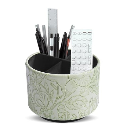 Round Leather Art Supply Organizer,Remote Control Holder,360 Degree Spinning,Multi-Functional Pencil Holder,4 Compartments Desktop Stationary Organizer(1-Carved Green) - color: 1-Carved Green