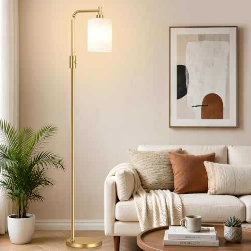 【Upgraded】 Dimmable Floor Lamp for Living Room with Opal Glass Lamphade, Gold Modern Glass Floor Lamp with 900LM LED Bulb Included, Arc Standing Tall Lamp for Bedroom, Office, Reading Room, Corner - color: Opal Glass-Gold
