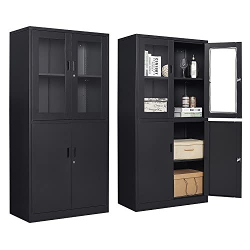 71”H Display Cabinet with Adjustable Shelves, 4 Door Display Cabinets with Glass Door, Black Metal Display case, Locking Steel Storage Caninet for Home/Office/Living Room -Assembly Required - color: Black, size: 71"H - 4 Door