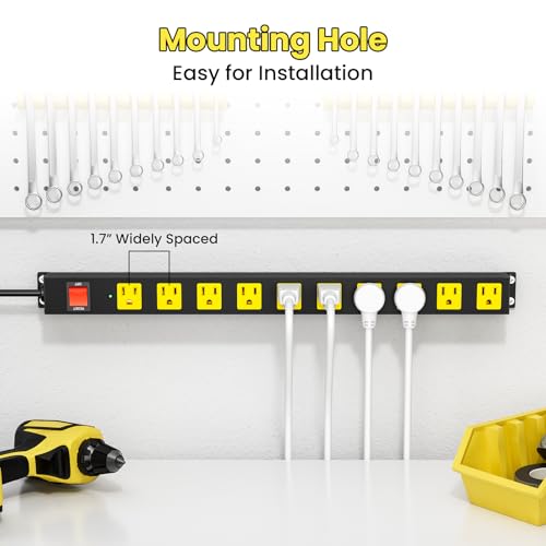 10 Outlet Metal Power Strip with 2100J Surge Protector, Heavy Duty 10FT Extension Cord, Wide Spaced Outlets and Wall Mount for Garage, Workshop, Industrial, Home (10ft) - size: 10ft