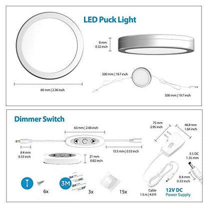 EShine Under Cabinet LED Puck Lights with Dimmer Switch, Dimmable, 3 Pcs, White Round Under Counter Lights for Kitchen, Garage, Office, Desk - Cool White (6000K) - color: Cool White (6000K), size: 3 pack