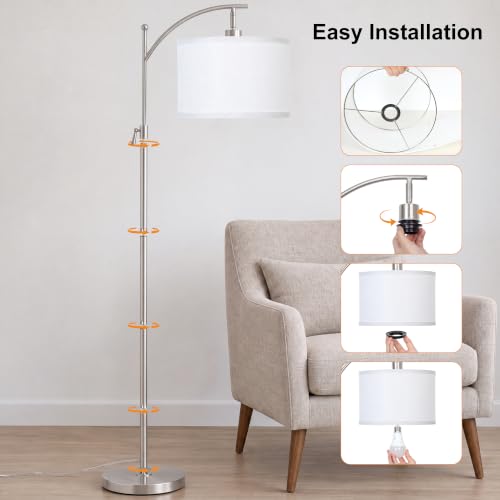 Brushed Nickel Arc Floor Lamp Adjustable Height 55-63in 3 Color 9W LED Bulb - color: Silver+White Shade-Arc