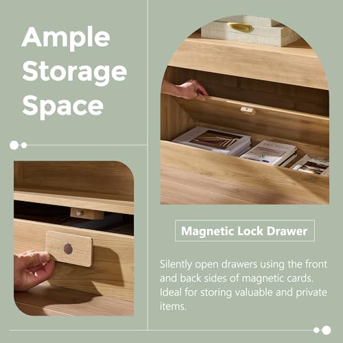 IFGET 76" Tall Arched Bookcase with 1PC Magnetic Lock Drawer, Natural | Modern Wooden Arch Bookshelf w/3 Pull-Out Drawers, Farmhouse 4 Tiers Book Shelf w/Open Shelves for Living Room, Office - color: Natural, size: With Drawers