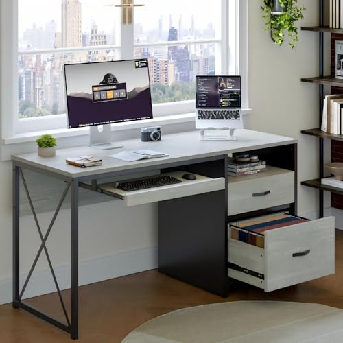 Bestier Office Desk with Drawers, 55 inch Industrial Computer Desk with Storage, Wood Teacher Desk with Keyboard Tray & File Drawer for Home Office, Wash White - color: Wash White