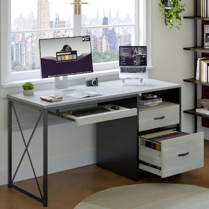 Bestier Office Desk with Drawers, 55 inch Industrial Computer Desk with Storage, Wood Teacher Desk with Keyboard Tray & File Drawer for Home Office, Wash White - color: Wash White