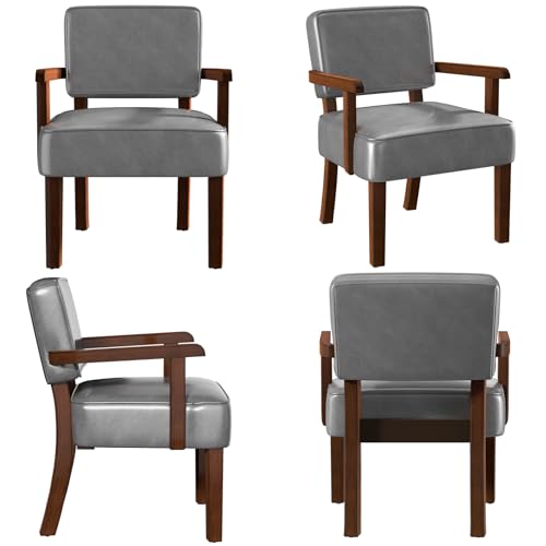 FAGAGA Accent Chairs Set of 2, 2 Solid Wood Armchairs with Side Table | Faux Leather Chair with Soft Thicken Cushion, Comfy Reading Chair for Bedroom, Waiting Room, Home Office, Easy Assembly - color: Faux Leather Gray, size: Set of 2 with table
