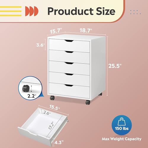DEVAISE 5-Drawer Filing Cabinet Under Desk, Storage file Cabinet, White - color: White, size: 15.7"D x 18.7"W x 25.5"H