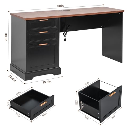 60" Farmhouse Executive Desk with Charging Station,Home Office Desk with 2 Drawers &1 File Cabinet,Fluted Computer Desk for Office and Home - color: Walnut & Black