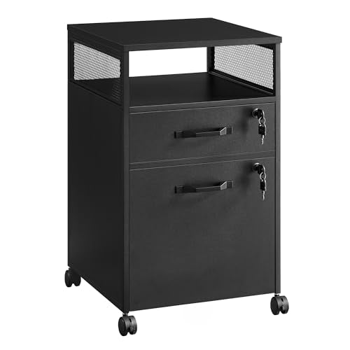 VASAGLE File Cabinet, Mobile Filing Cabinet with Wheels, 2 Lockable Drawers, Open Shelf, for A4, Letter Size, Hanging File Folders, Ink Black UOFC077B16 - color: Ink Black, size: 2 Drawers With Lock and Fences