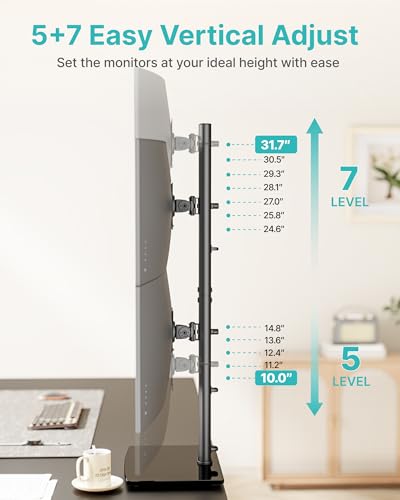 Vertical Dual Monitor Stand for 17–34 Inch Screens, Tabletop | Stacked Monitor Mount, Holds up to 33 lbs per Arm, Screens Riser with Full Motion, 33.3" Pole 12 Height Settings, 75/100 VESA