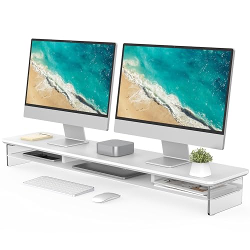 Fenge 42.5" Dual Monitor Stand with Clear Acrylic Legs, White | Clear Acrylic, Storage Compartment, 2-tier Home Office Monitor Riser, Wide Large Desktop Shelf Fit Monitor/Laptop/Printer - color: White, size: 42.5in