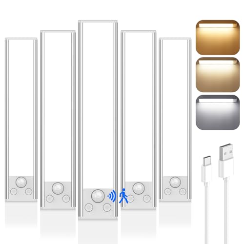 5-Pack Under Cabinet Lighting, 68LED 2000mAh Rechargeable Battery Operated Motion Sensor Light Indoor, 3 Color Wireless Dimmable Closet Lights, Magnetic Under-counter Light Fixtures for Kitchen, Home | Dimmable 68-LED Under-Counter Light Fixture for Kitch