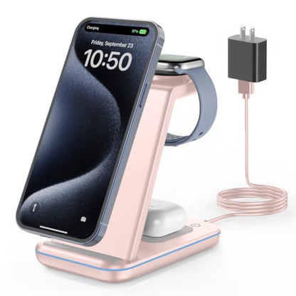 GEEKERA Wireless Charger, 3 in 1 Wireless Charging Station for iPhone Air/17/16/15/14/13/12/11/Pro Max/X/8, Phone and Watch Charger Stand for Apple Watch Ultra 3-2/11-2/SE, AirPods Pro/4/3/2, Pink - color: pink
