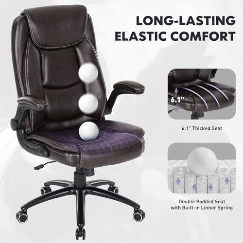 MALOL 300LBS PU Leather High-Back Executive Office Chairs, Heavy Duty Home Ergonomic Computer Chair Flip-Up Armrests & Reclining Backrest, Brown - color: Brown-new