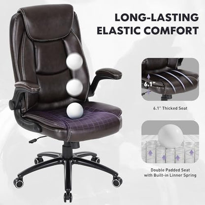 MALOL 300LBS PU Leather High-Back Executive Office Chairs, Heavy Duty Home Ergonomic Computer Chair Flip-Up Armrests & Reclining Backrest, Brown - color: Brown-new