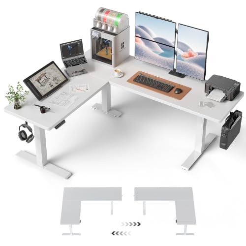 FEZIBO Triple Motors 25mm Tabletop L Shaped Standing Desk, 75" X 63" Electric Standing Gaming Desk Adjustable Height, Corner Stand up Desk with Splice Board, White Frame/White Top - color: White, size: 75x63 Pro